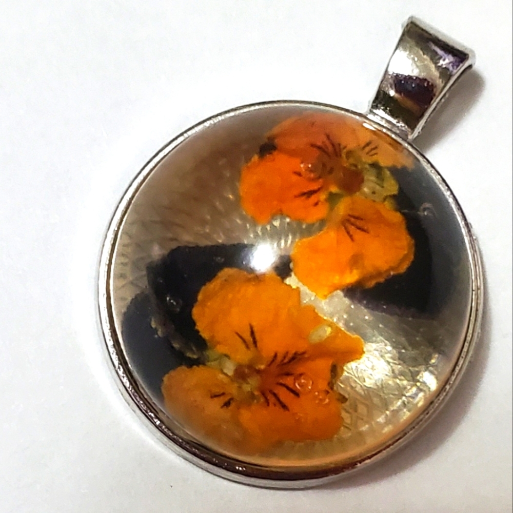 Real Orange Pansy Flower Resin Dome Pendant Necklace Silver Bezel New